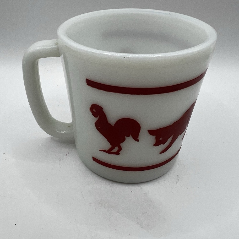 Vtg Hazel Atlas Farm Animal Mug Cup Red White Milk Glass 3x3"